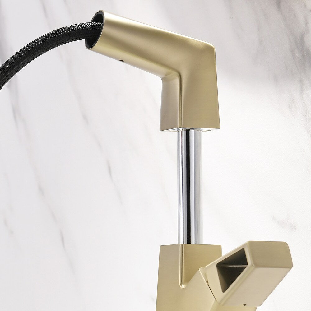 WBF2 Brushed Gold Single Hole Bathroom Sink Faucet with Single Handle and Pull Out Sprayer