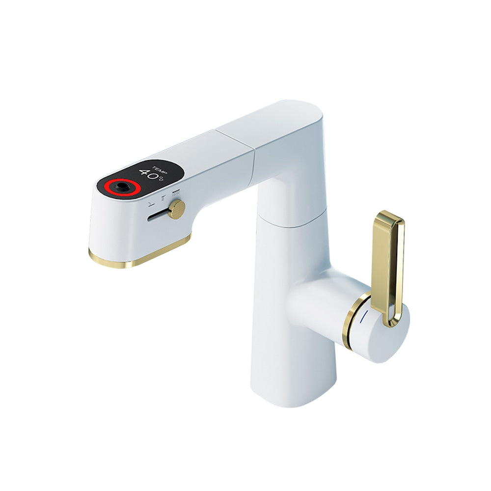 WBF5 White Single Hole Bathroom Sink Faucet with Single Handle, Pull Out Sprayer and LED Display