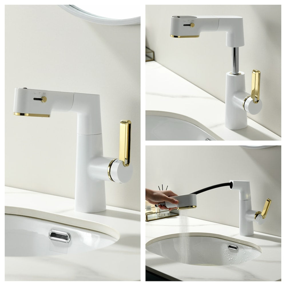 WBF5 White Single Hole Bathroom Sink Faucet with Single Handle, Pull Out Sprayer and LED Display