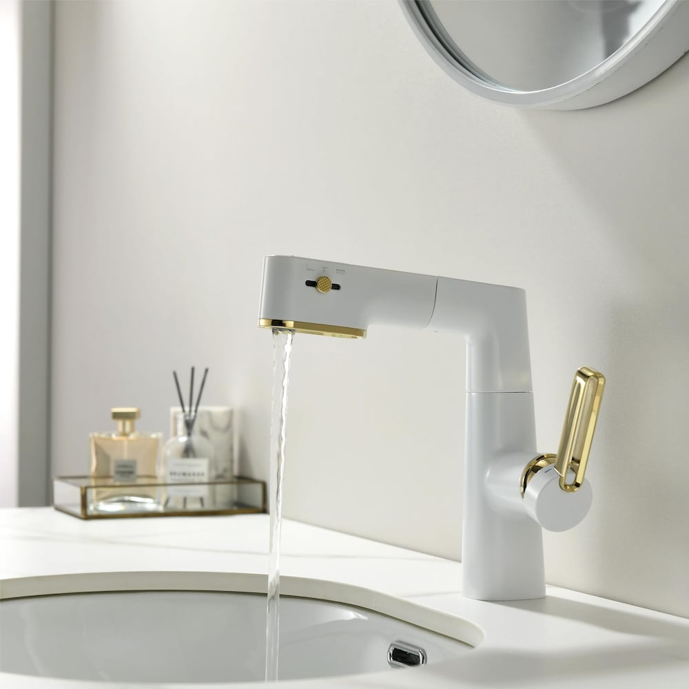 WBF5 White Single Hole Bathroom Sink Faucet with Single Handle, Pull Out Sprayer and LED Display