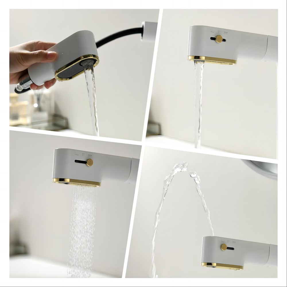 WBF5 White Single Hole Bathroom Sink Faucet with Single Handle, Pull Out Sprayer and LED Display