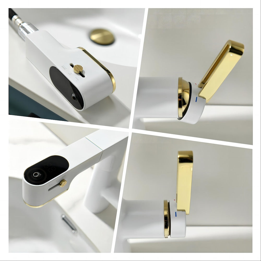 WBF5 White Single Hole Bathroom Sink Faucet with Single Handle, Pull Out Sprayer and LED Display