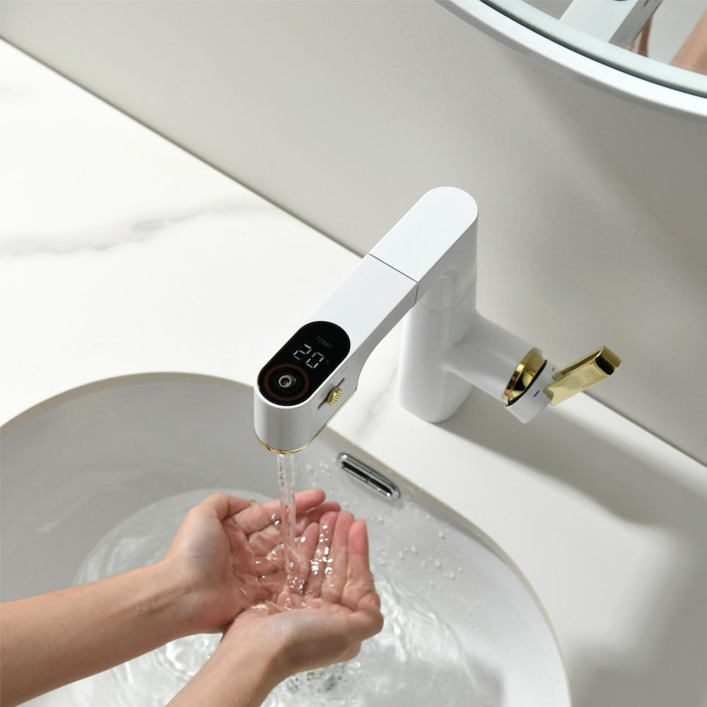 WBF5 White Single Hole Bathroom Sink Faucet with Single Handle, Pull Out Sprayer and LED Display