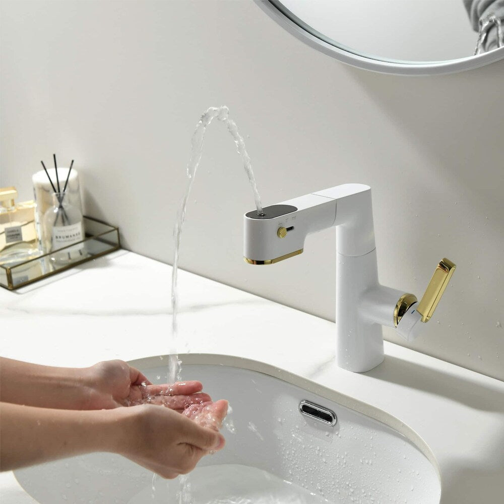 WBF5 White Single Hole Bathroom Sink Faucet with Single Handle, Pull Out Sprayer and LED Display