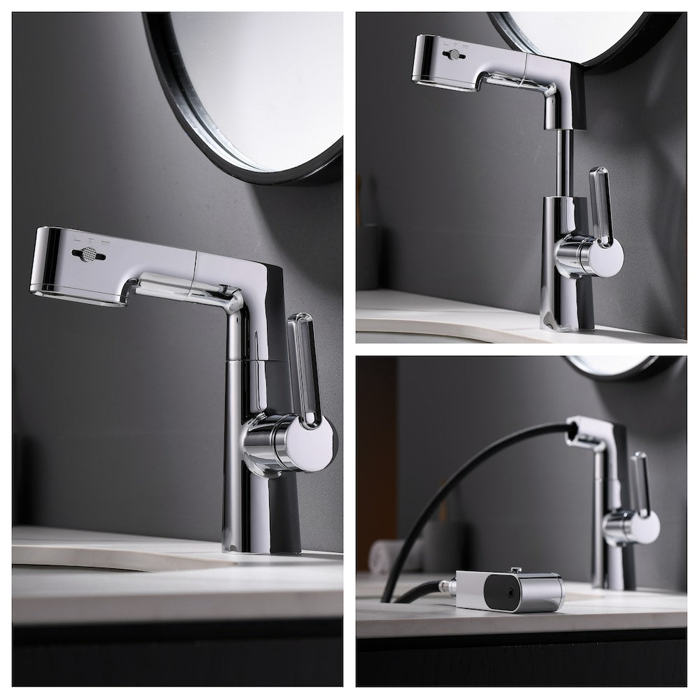 Robinet de lavabo de salle de bain à trou unique WBF5 avec poignée unique, pulvérisateur extractible et affichage LED en chrome