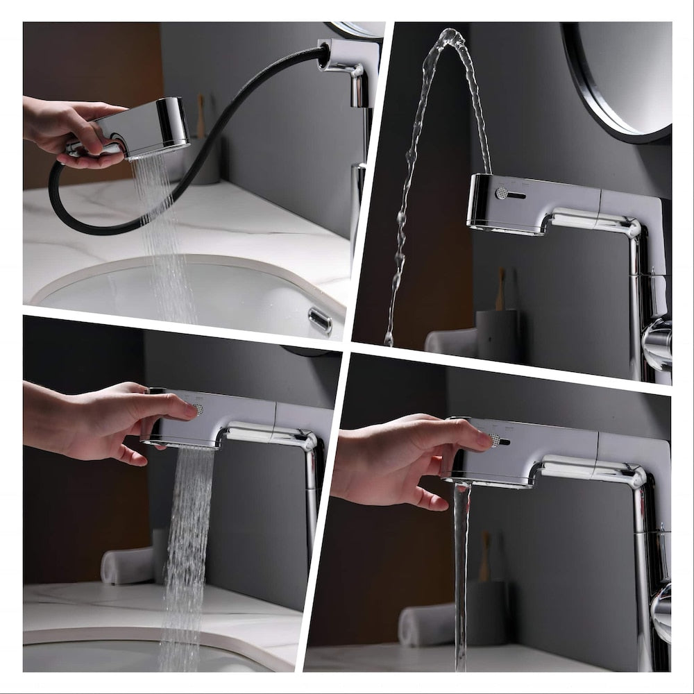 Robinet de lavabo de salle de bain à trou unique WBF5 avec poignée unique, pulvérisateur extractible et affichage LED en chrome