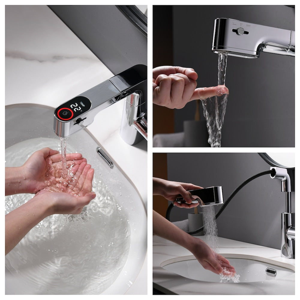 Robinet de lavabo de salle de bain à trou unique WBF5 avec poignée unique, pulvérisateur extractible et affichage LED en chrome