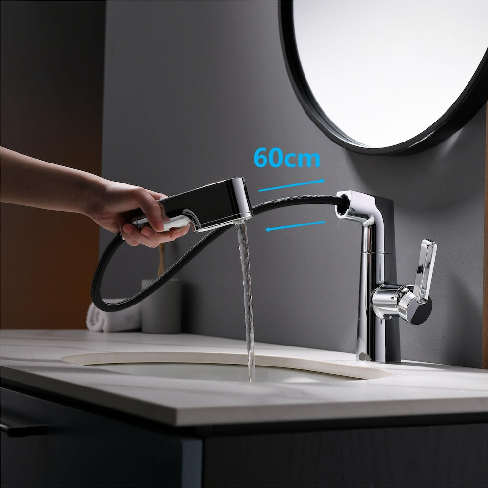 Robinet de lavabo de salle de bain à trou unique WBF5 avec poignée unique, pulvérisateur extractible et affichage LED en chrome