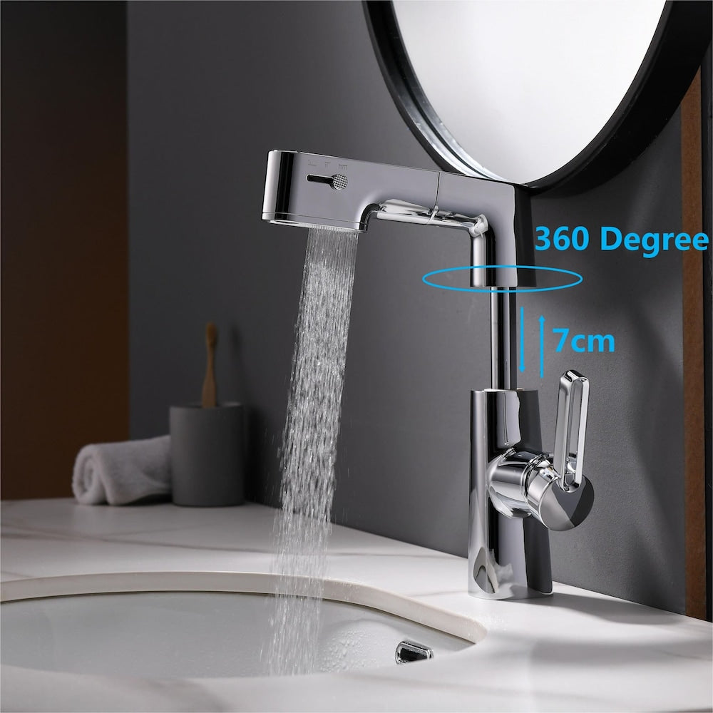 Robinet de lavabo de salle de bain à trou unique WBF5 avec poignée unique, pulvérisateur extractible et affichage LED en chrome