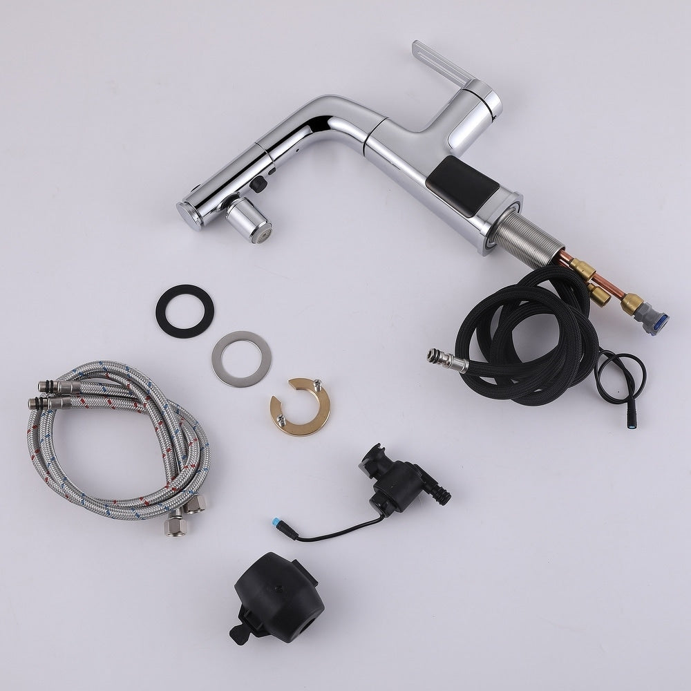 WBF6 Chrome Single Hole Bathroom Sink Faucet with Single Handle, Pull Out Sprayer and LED Display