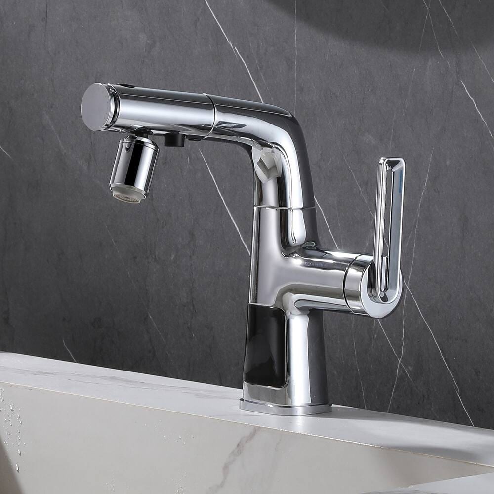 WBF6 Chrome Single Hole Bathroom Sink Faucet with Single Handle, Pull Out Sprayer and LED Display
