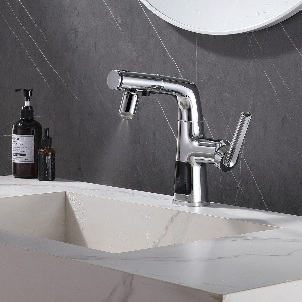 WBF6 Chrome Single Hole Bathroom Sink Faucet with Single Handle, Pull Out Sprayer and LED Display