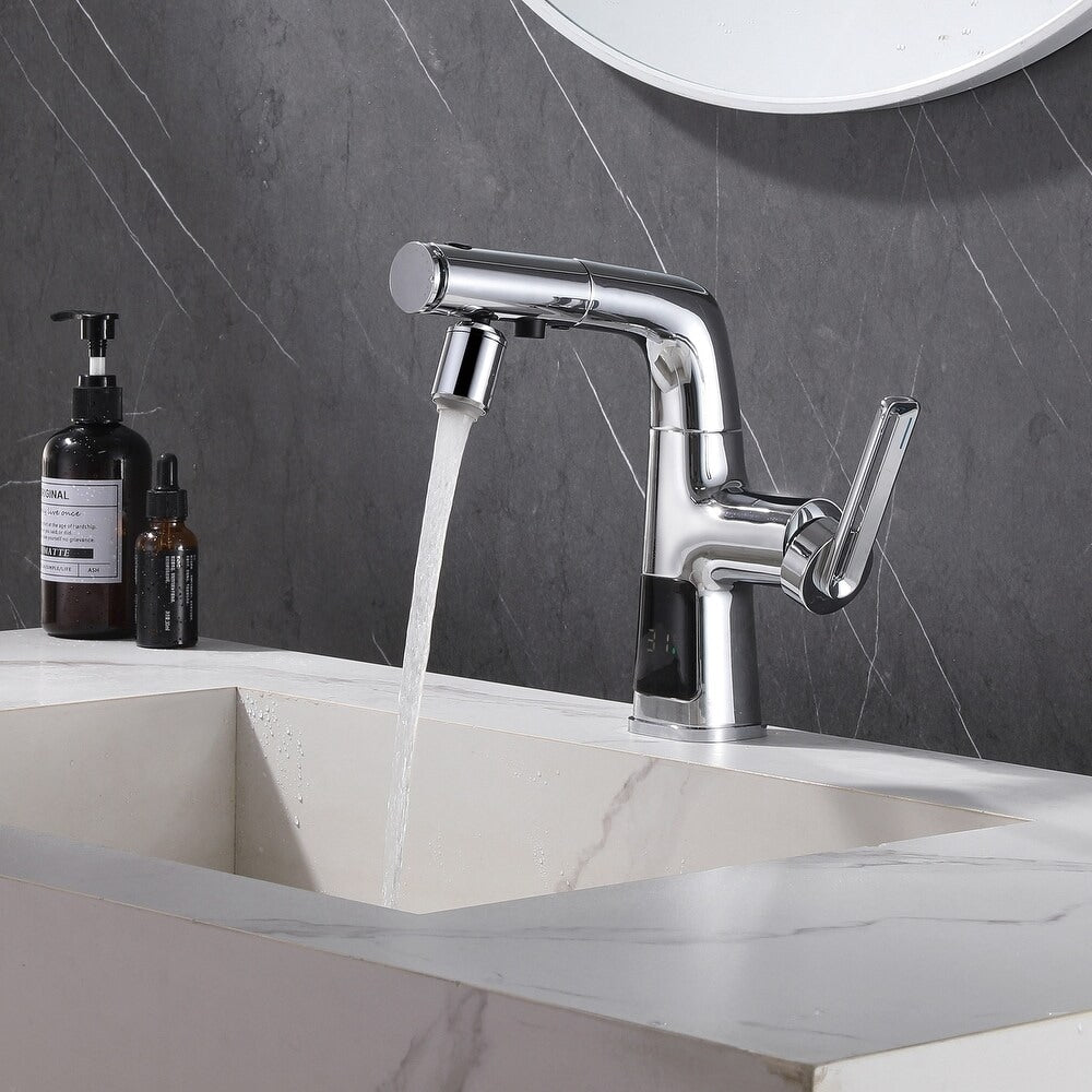 WBF6 Chrome Single Hole Bathroom Sink Faucet with Single Handle, Pull Out Sprayer and LED Display
