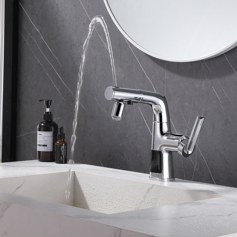 WBF6 Chrome Single Hole Bathroom Sink Faucet with Single Handle, Pull Out Sprayer and LED Display