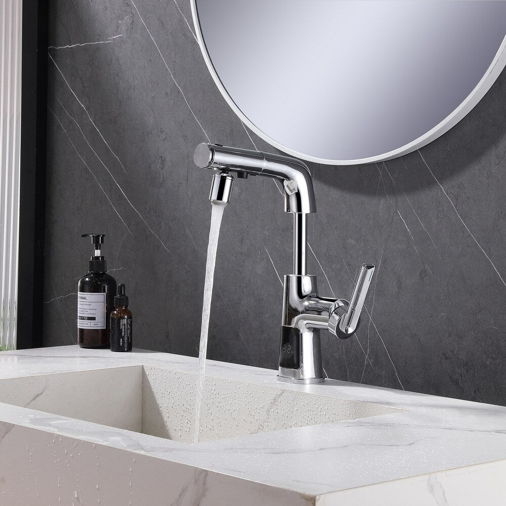 WBF6 Chrome Single Hole Bathroom Sink Faucet with Single Handle, Pull Out Sprayer and LED Display