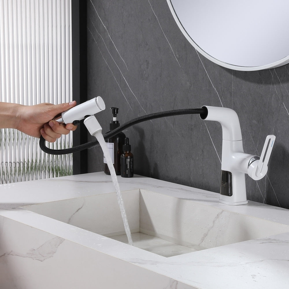 Robinet de lavabo de salle de bain monotrou blanc WBF6 avec poignée unique, pulvérisateur extractible et affichage LED