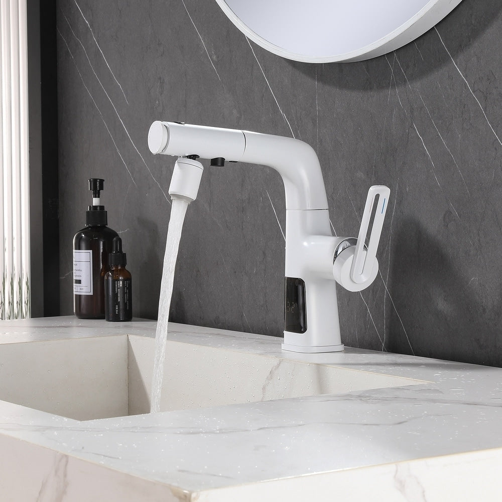 Robinet de lavabo de salle de bain monotrou blanc WBF6 avec poignée unique, pulvérisateur extractible et affichage LED