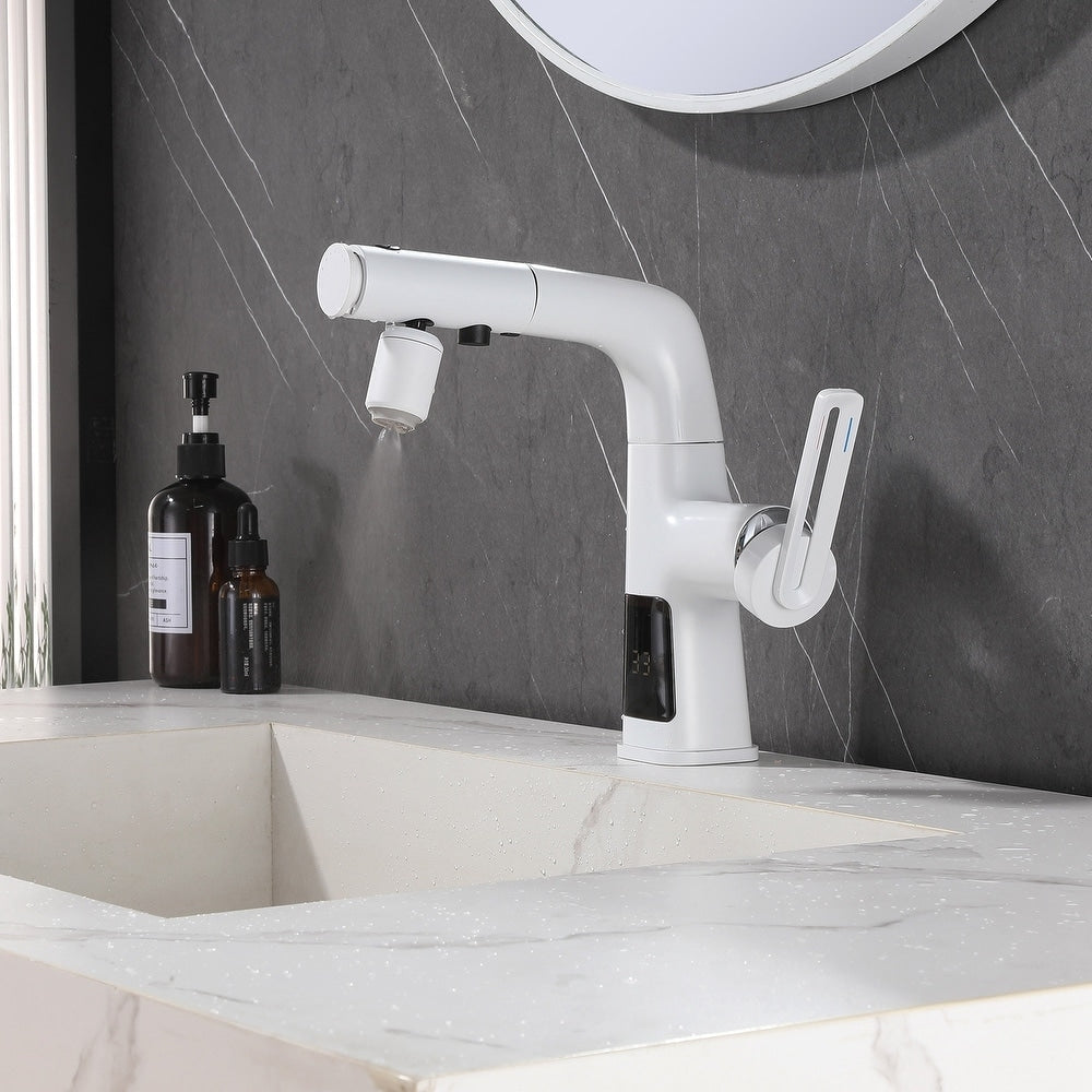 Robinet de lavabo de salle de bain monotrou blanc WBF6 avec poignée unique, pulvérisateur extractible et affichage LED