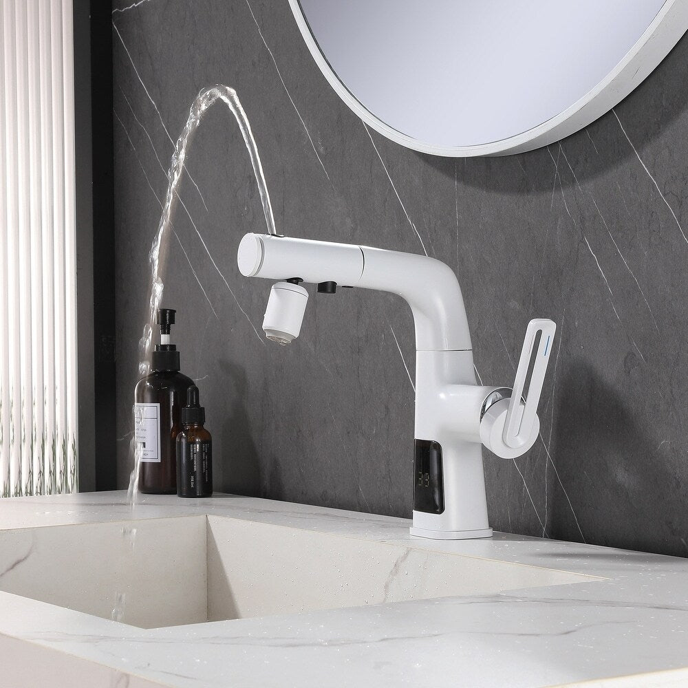 Robinet de lavabo de salle de bain monotrou blanc WBF6 avec poignée unique, pulvérisateur extractible et affichage LED