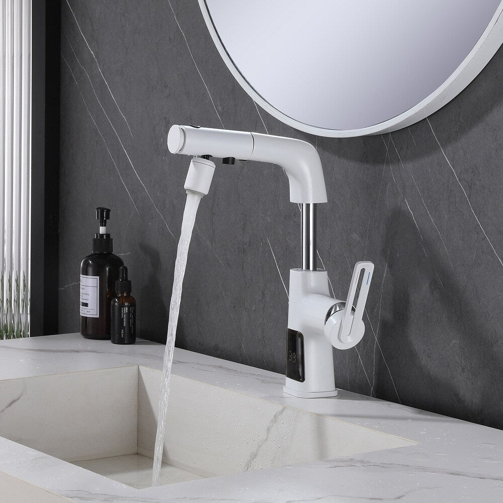 Robinet de lavabo de salle de bain monotrou blanc WBF6 avec poignée unique, pulvérisateur extractible et affichage LED
