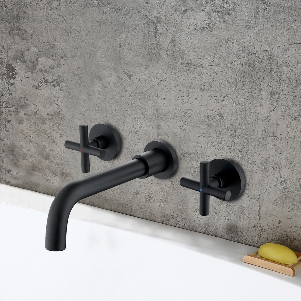Robinet de lavabo de salle de bain à montage mural ZCJ8 avec 2 poignées en noir mat