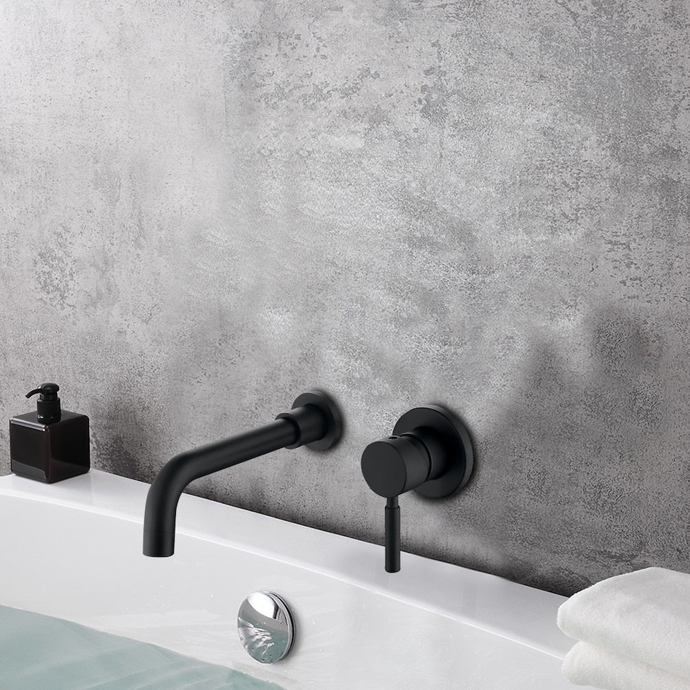 Robinet de lavabo de salle de bain mural noir mat ZCJ9 avec poignée unique