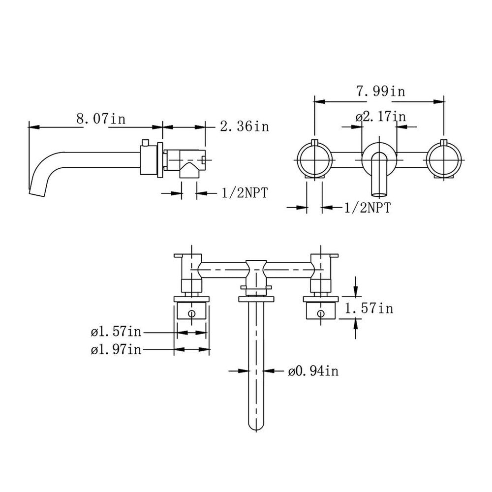 RZCJ10 Wall Mount Bathroom Sink Faucet with 2 Handle in Brushed Gold
