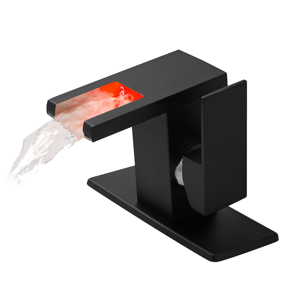 Robinet de lavabo de salle de bain monotrou QZ10 avec lumière LED en noir mat