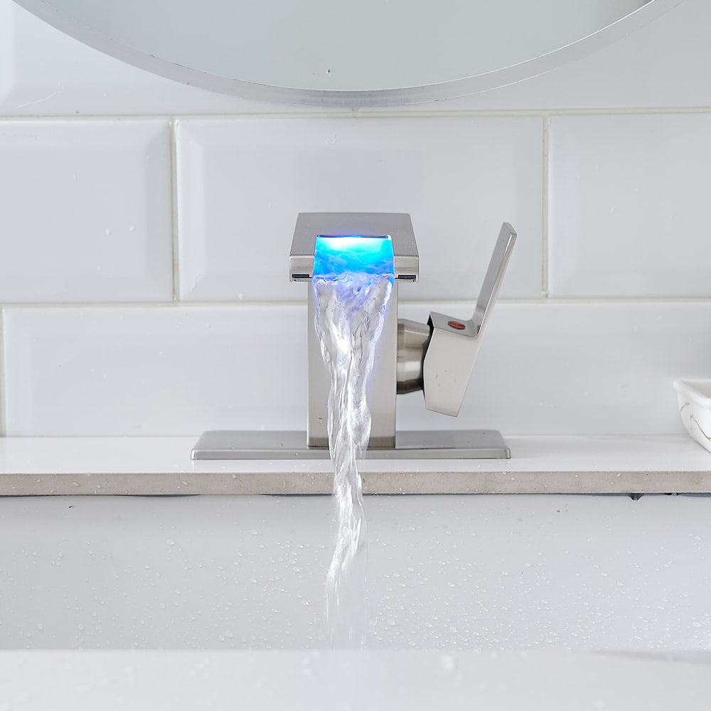 Robinet de lavabo de salle de bain monotrou QZ10 avec lumière LED en nickel brossé