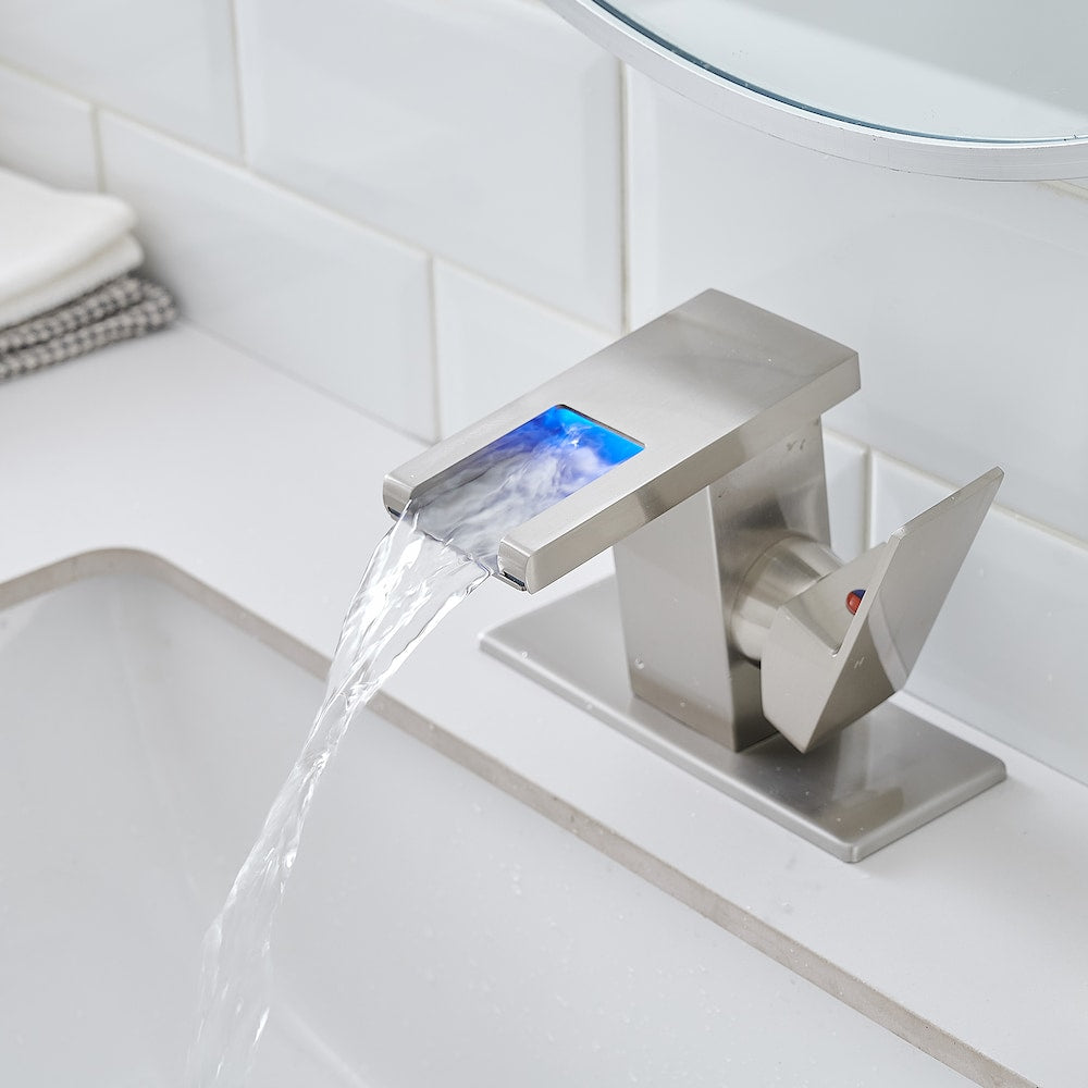 Robinet de lavabo de salle de bain monotrou QZ10 avec lumière LED en nickel brossé