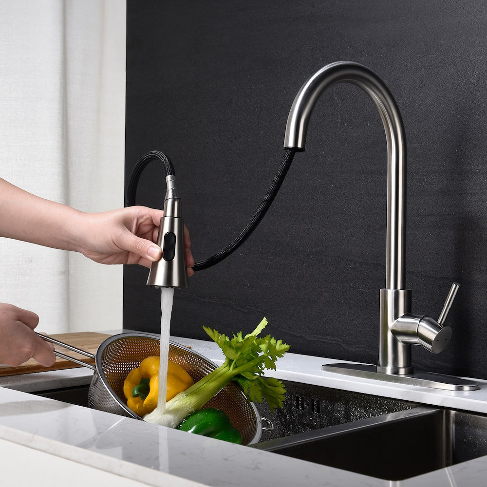 Orion Single-Handle Pull-Down Sprayer Kitchen Faucet with Deckplate in Brushed Nickel