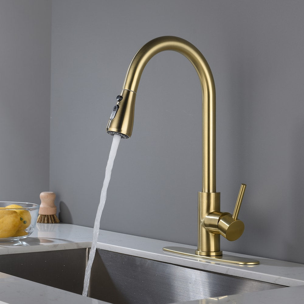 Orion Single-Handle Pull-Down Sprayer Kitchen Faucet with Deckplate in Brushed Gold