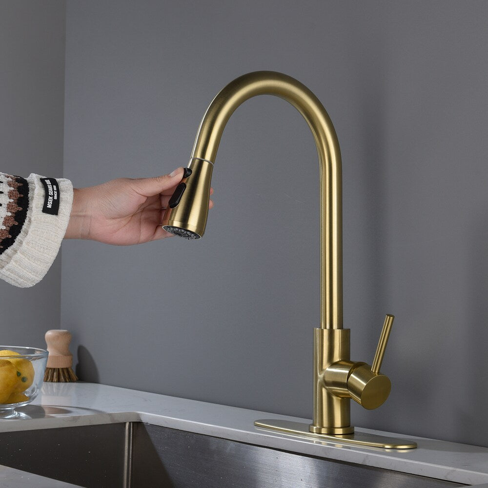 Orion Single-Handle Pull-Down Sprayer Kitchen Faucet with Deckplate in Brushed Gold