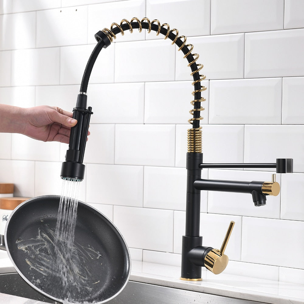 Luxe Double-Handle Pull-Down Sprayer Kitchen Faucet in Black and Gold