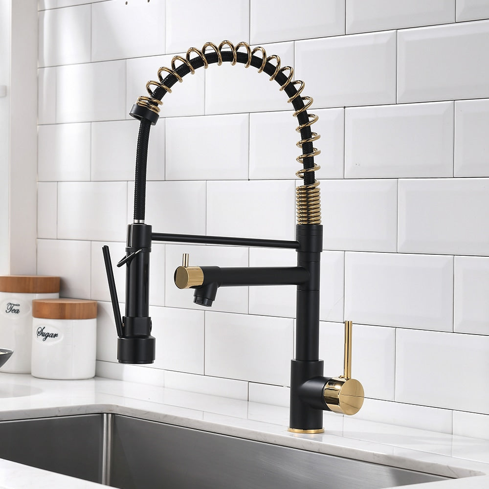 Luxe Double-Handle Pull-Down Sprayer Kitchen Faucet in Black and Gold