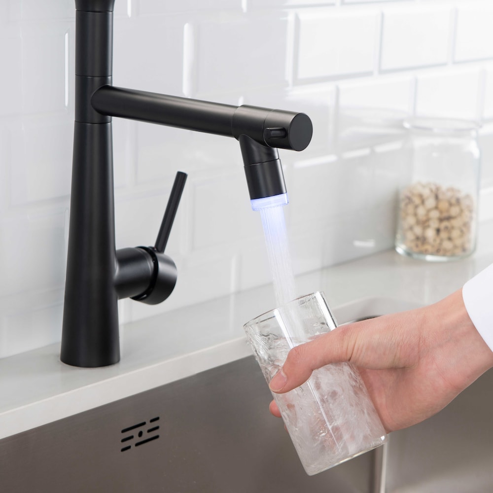 Harmony Double Handles Pull Down Sprayer Kitchen Faucet with LED Light in Black