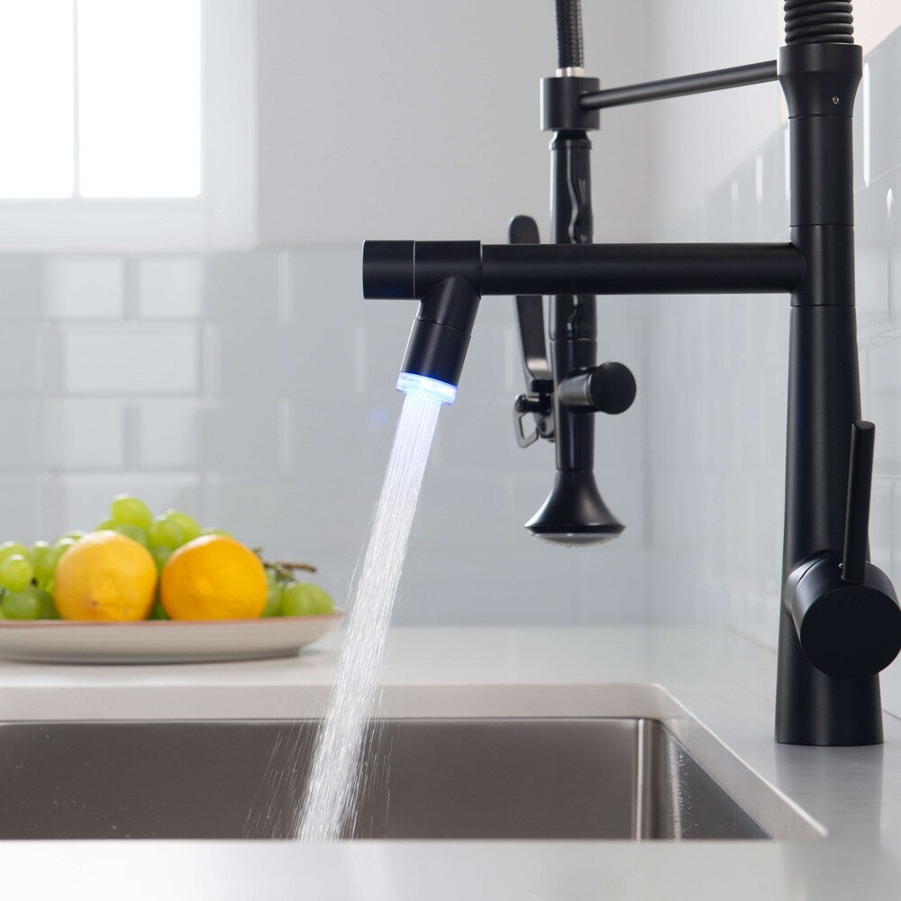 Harmony Double Handles Pull Down Sprayer Kitchen Faucet with LED Light in Black