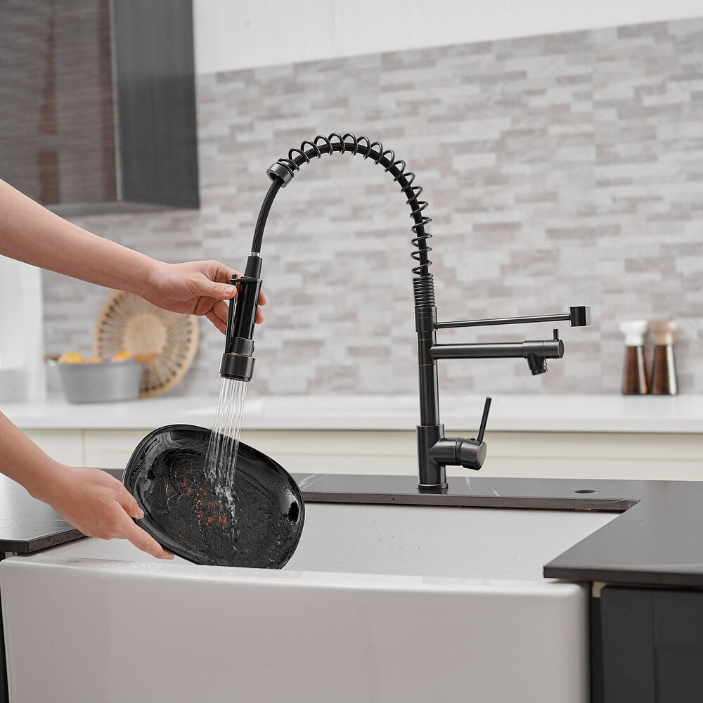 Luxe Double Handles Pull Down Sprayer Spring Kitchen Faucet in Oil Rubbed Bronze