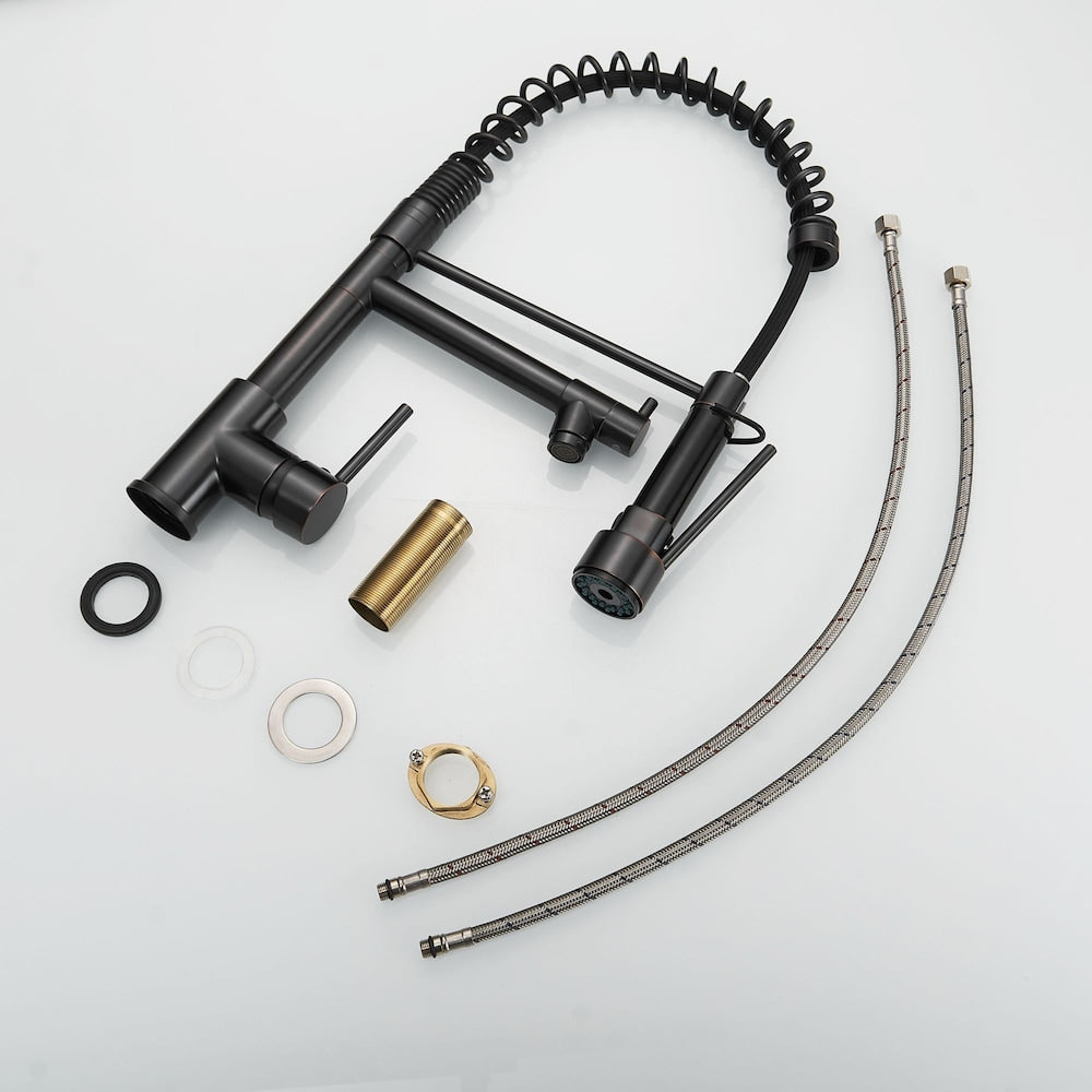 Luxe Double Handles Pull Down Sprayer Spring Kitchen Faucet in Oil Rubbed Bronze