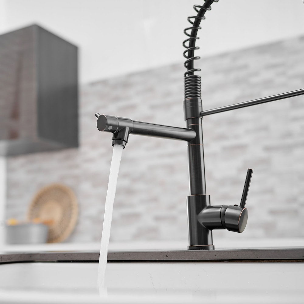 Luxe Double Handles Pull Down Sprayer Spring Kitchen Faucet in Oil Rubbed Bronze
