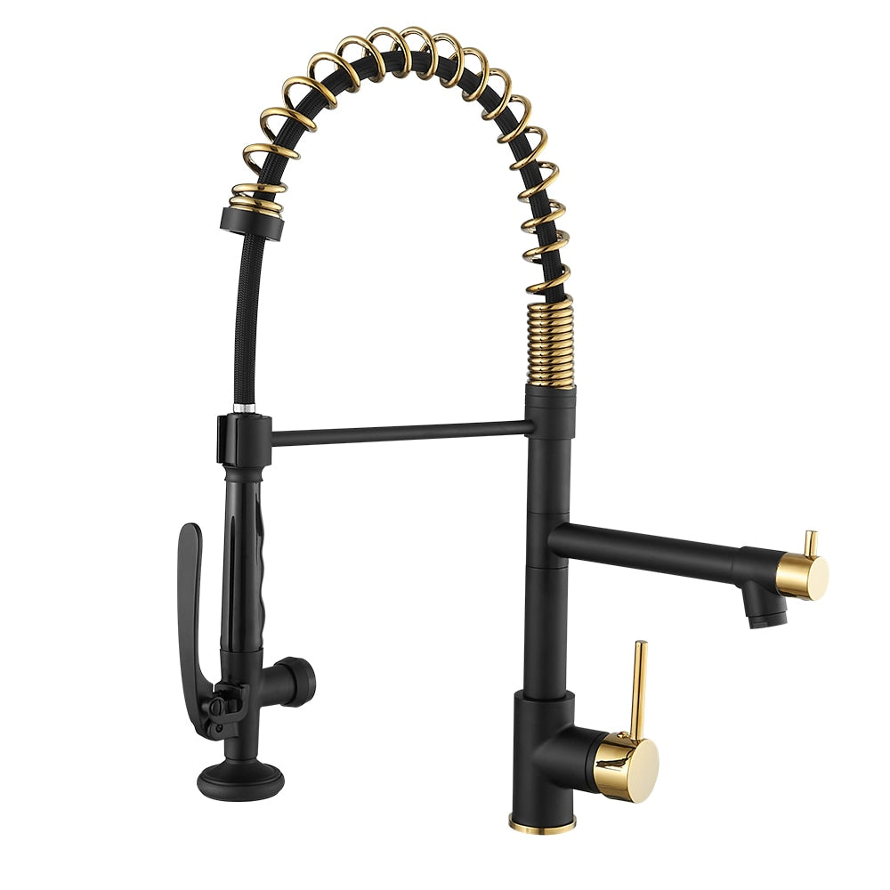 Stellar Double Handle Pull Down Kitchen Sink Faucet in Brushed Gold and Black