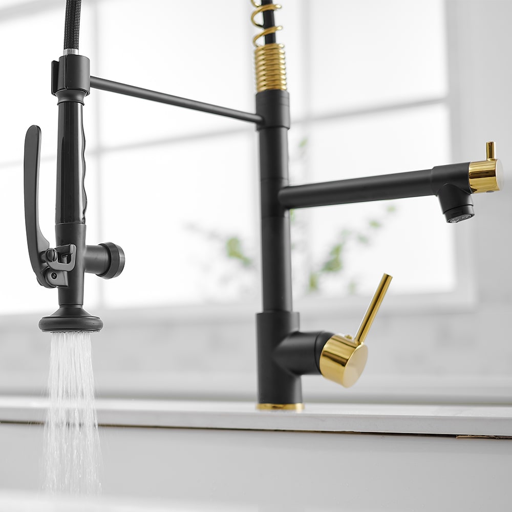 Stellar Double Handle Pull Down Kitchen Sink Faucet in Brushed Gold and Black