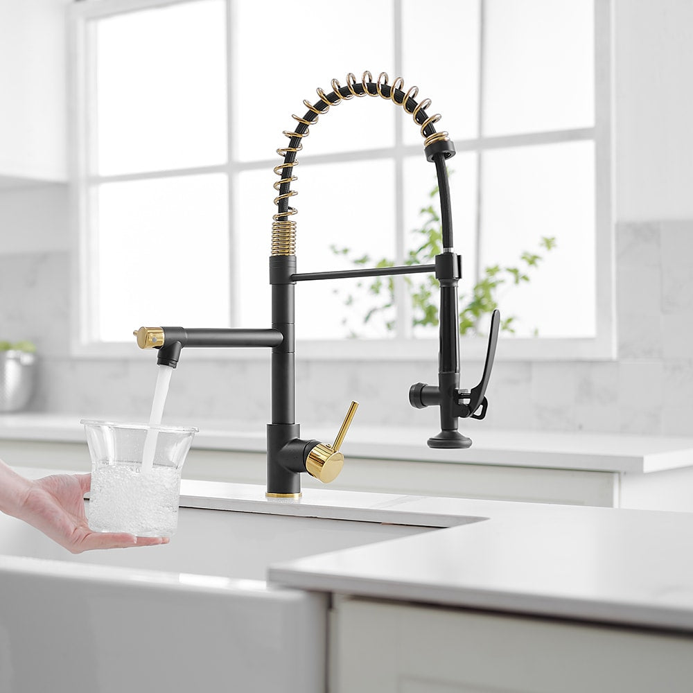 Stellar Double Handle Pull Down Kitchen Sink Faucet in Brushed Gold and Black