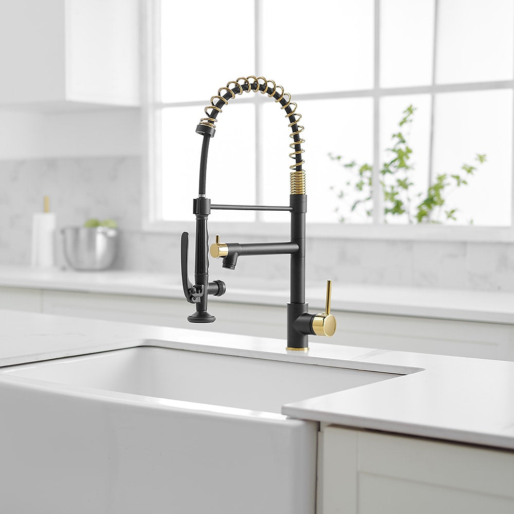 Stellar Double Handle Pull Down Kitchen Sink Faucet in Brushed Gold and Black