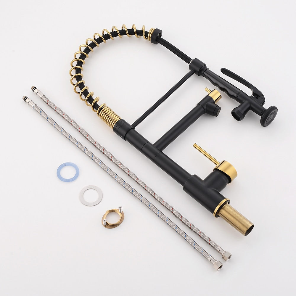 Stellar Double Handle Pull Down Kitchen Sink Faucet in Brushed Gold and Black