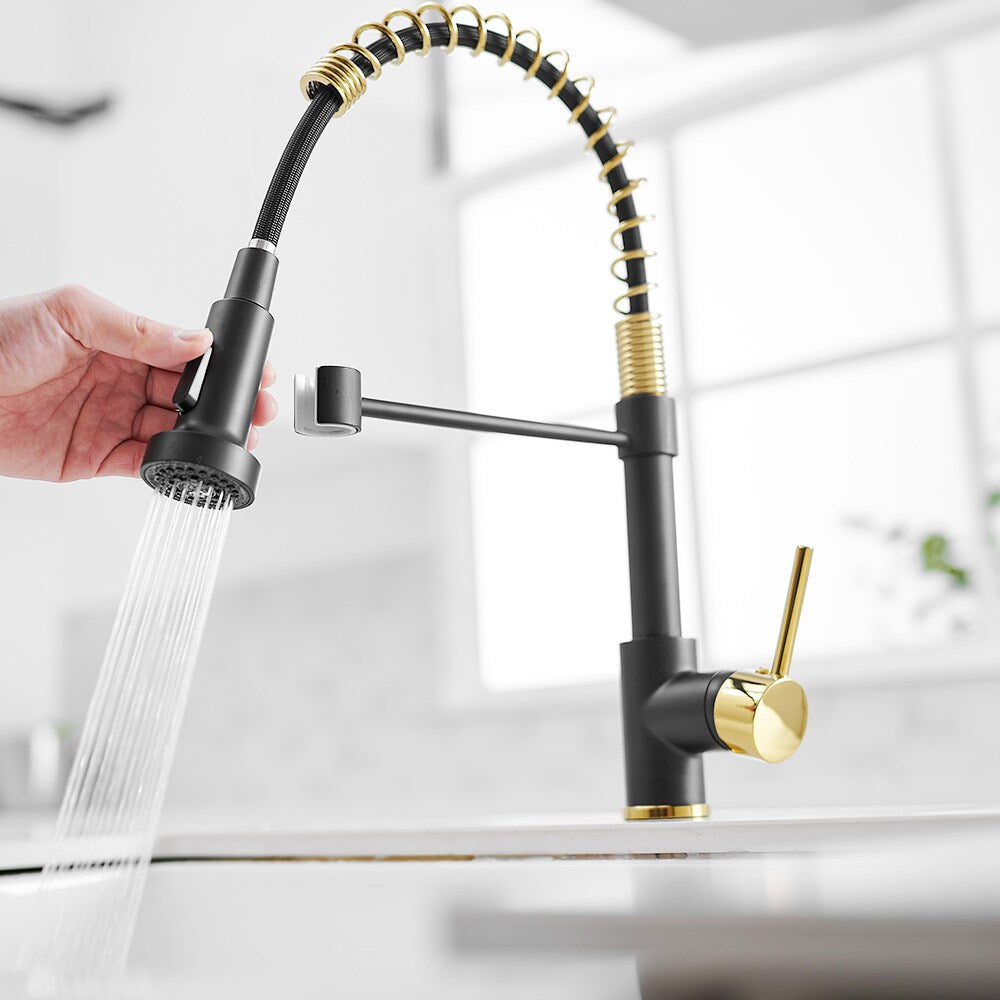 Zenith Single Handle Pull Down Kitchen Faucet in Gold and Black