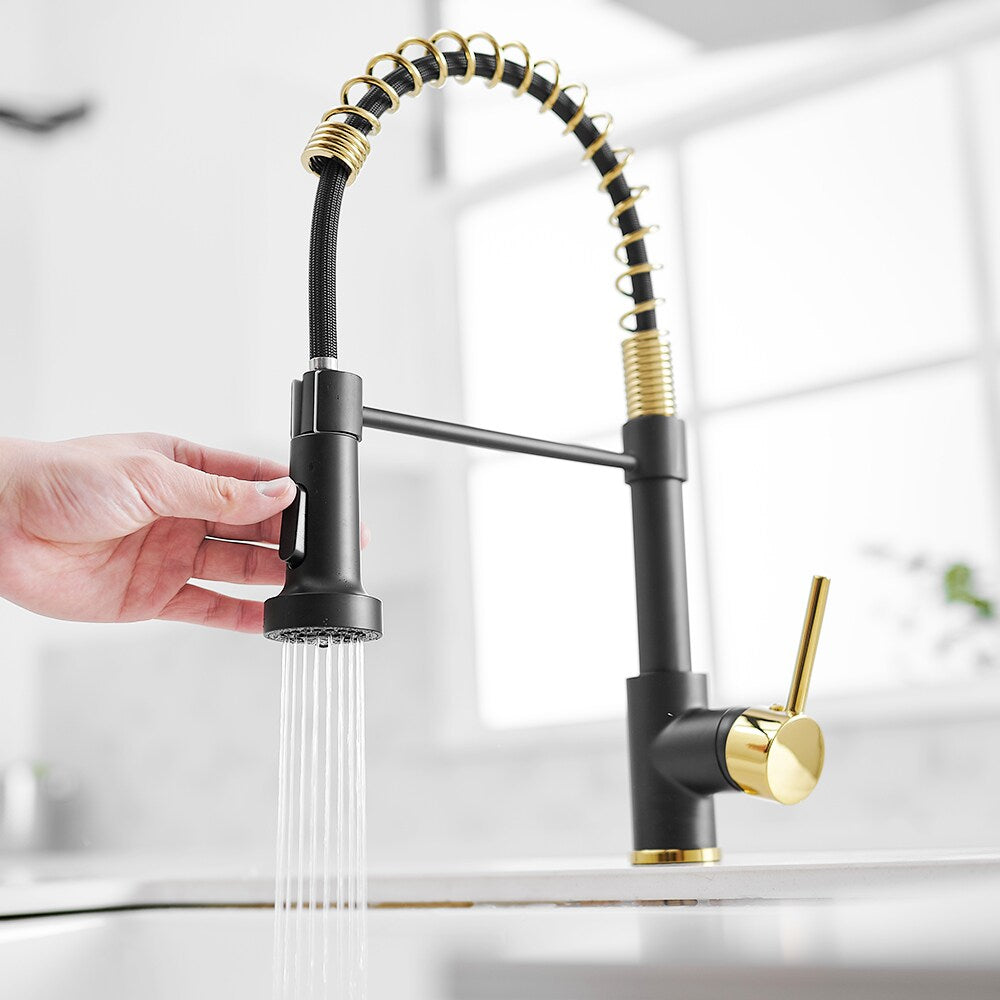 Zenith Single Handle Pull Down Kitchen Faucet in Gold and Black