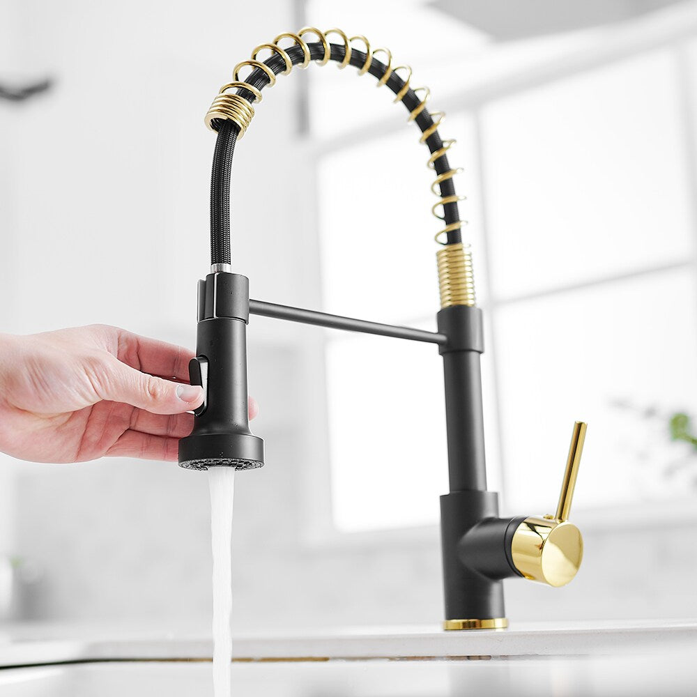 Zenith Single Handle Pull Down Kitchen Faucet in Gold and Black