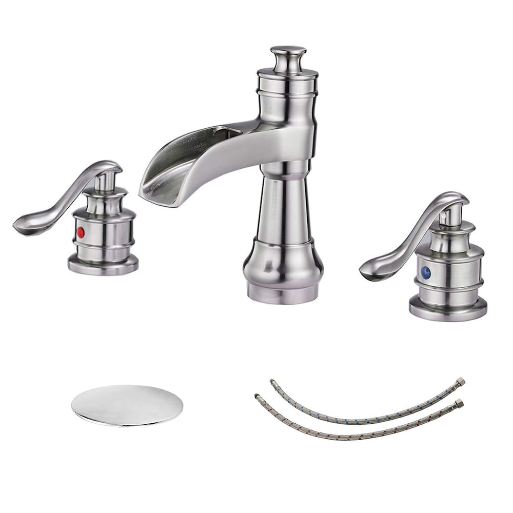 Celestial Brushed Nickel 8 inch Waterfall 2-Handle Bathroom Faucet With Pop-up Drain