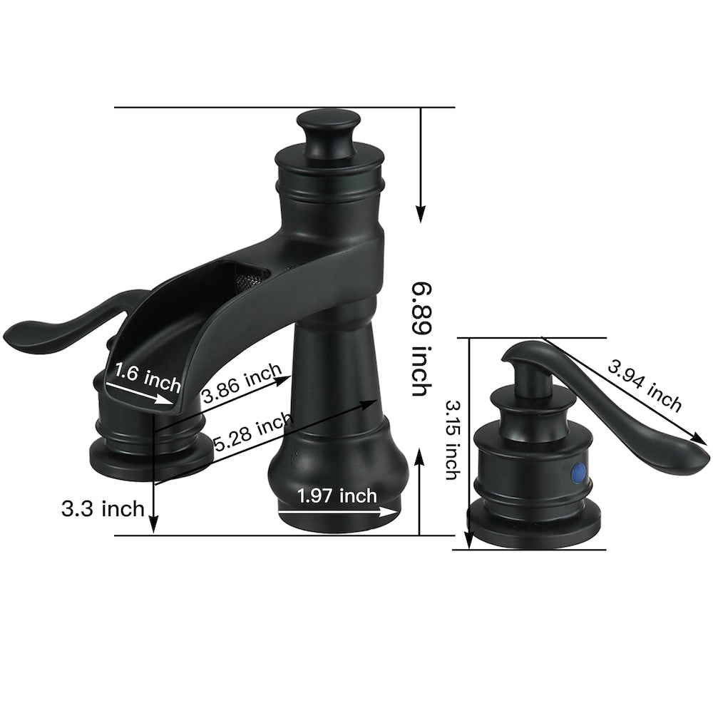 Celestial Matte Black 8 inch Waterfall 2-Handle Bathroom Faucet With Pop-up Drain